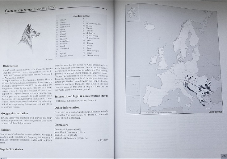 Брошюра и карта распространения шакала в первом европейском атласе млекопитающих (1999 г.), когда этот вид еще не распространился в Эстонии. 