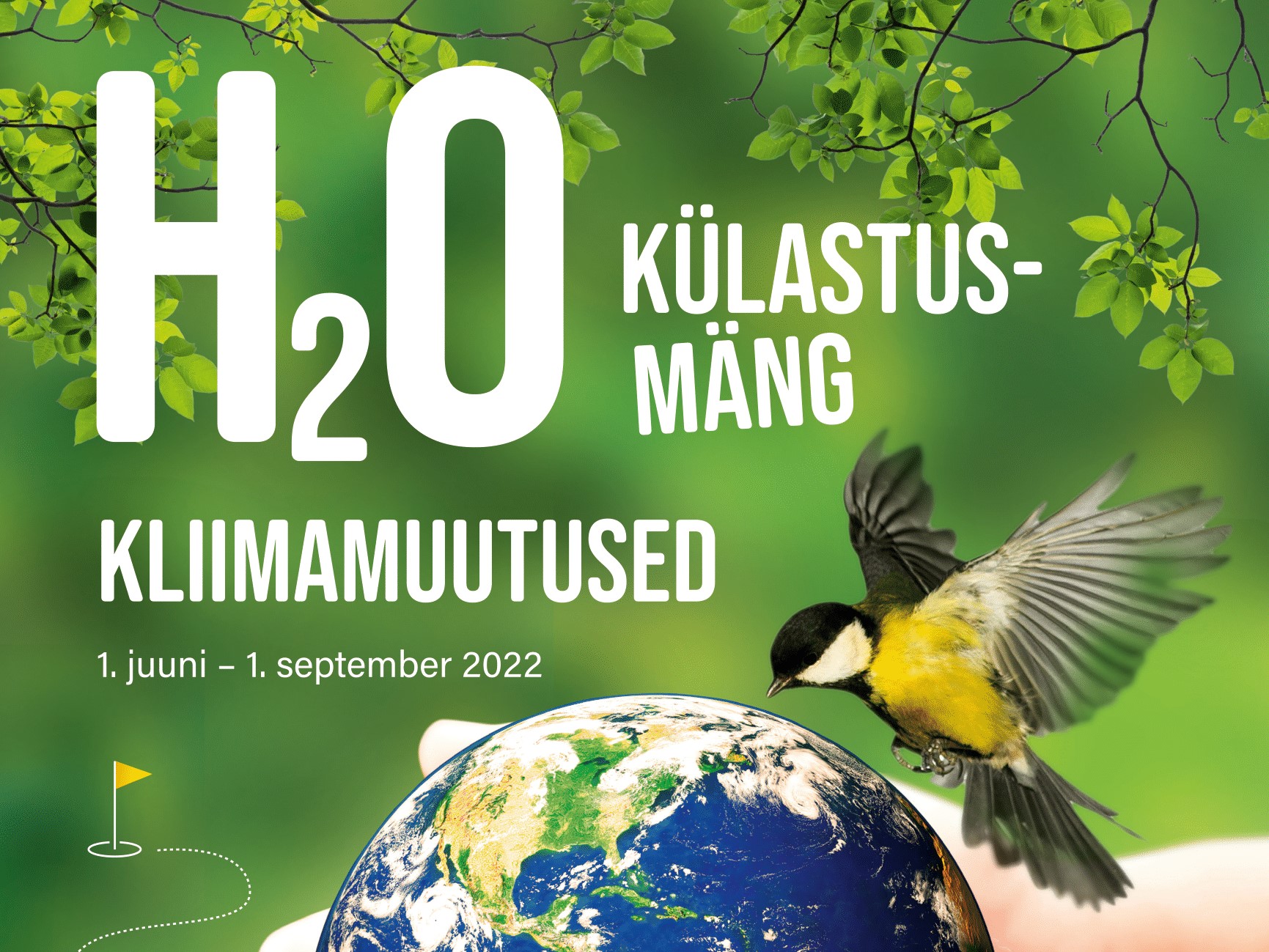 H2O külastusmängu plakat, millel puuokstega rohelisel taustal poolik maakera ja rasvatihane
