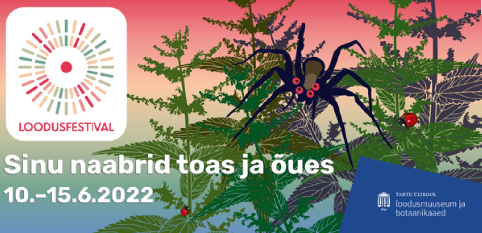 Loodusfestivali plakat, millel nõgesed, must ämblik ja kaks lepatriinut