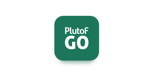 PlutoF Go nutirakenduse logo, tähed valged, taust tumeroheline