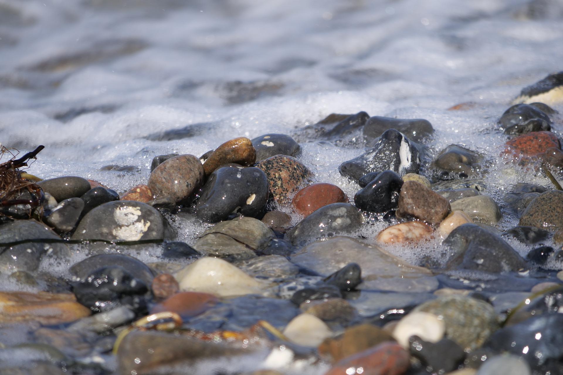 Väikesed märjad kivid mere ääres rannikul, nende vahel lainetest tekkinud vaht