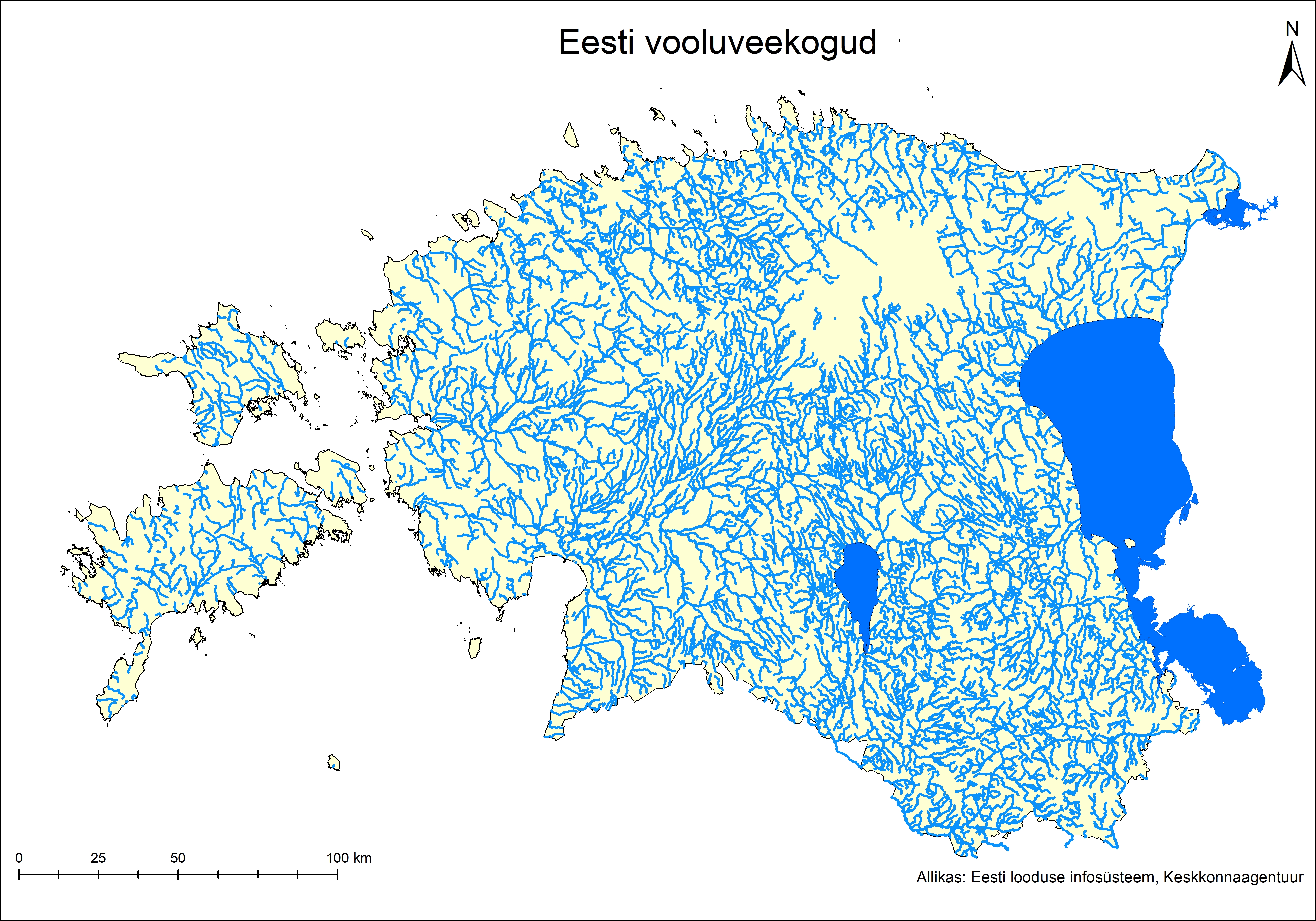 EESTI VOOLUVEEKOGUD. Väikseim vooluvetevõrgu tihedus on Pandivere kõrgustikul ja saarte rannikualadel. Allikas: Tallinna Tehnikaülikool. 